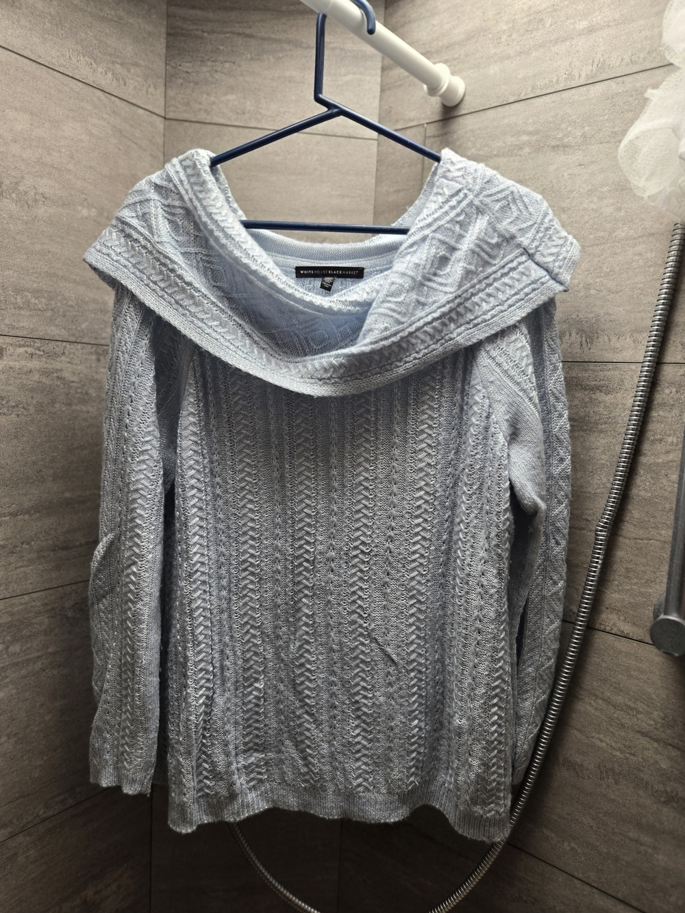 White House Black Market Light Blue Cable-Knit Off-the-Shoulder Sweater
